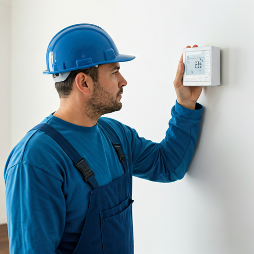 HVAC specialist installing a new high-efficiency smart thermostat and wall unit in a modern bright residential living room