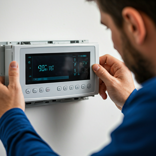 modern HVAC control panel showing digital temperature settings with a professional installer making final adjustments