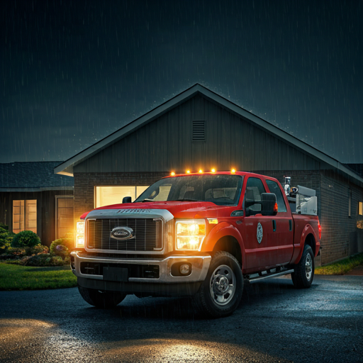 emergency HVAC repair truck with bright lights parked in front of a house at night during a rainstorm