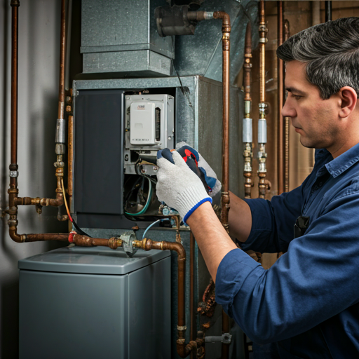 technician wearing safety gloves repairing a heating furnace system with specialized equipment in a residential utility room