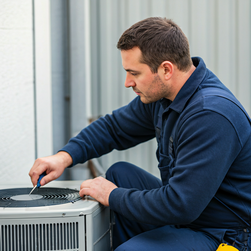 professional HVAC technician in a clean uniform inspecting a modern outdoor central air conditioning unit with precision tools